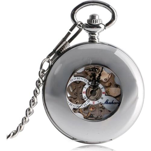 Silver Hollow Circle Automatic Mechanical Pocket Watch Unique Blue Roman Numerals Dial Antique Self Winding Pocket Clock Gifts