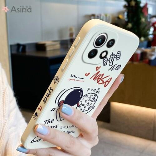 ASINA Cartoon Case For Xiaomi Mi11 10 Poco F3 Straight Edge Original Liquid Silicone Cases For Redmi Note 9 8 7 Cover Astronaut