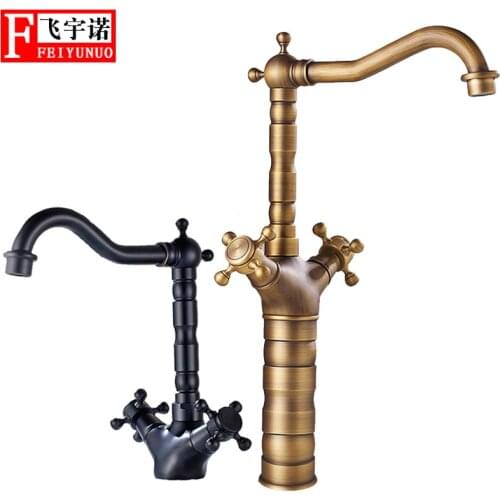 Black Copper Basin Faucet European Antique Bathroom Single Hole Sitting Faucet Spiral Double Handle Hot/Cold Washing Hands Tap