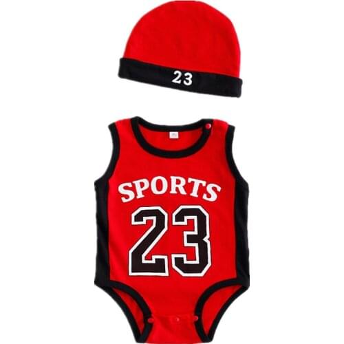 Newborn Baby Boy Summer Clothing 2pc Basketball Costume Set Kids Cotton Sport Rompers with Hat Sleeveless Climbing Suits