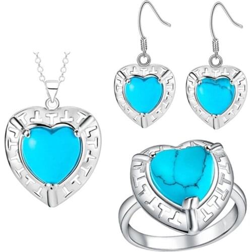 FDLK Natural Crystal Silver Color Pendant Necklace Earrings Ring Heart Jewelry Set for Women Wedding Party Gifts