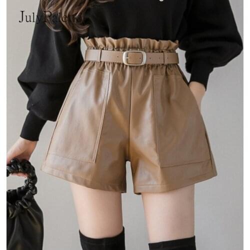 JulyPalette Fashion High Waist Shorts Girls A-line PU Leather Shorts Bottoms 2020 Autumn Winter Women Loose Wide-legged Shorts