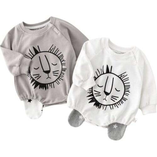KOKI Baby Boys Romper Lion Puma Print Cute Long Sleeve Girls Pure Cotton Infant Outfit Spring Autumn Kids Grey White Clothing