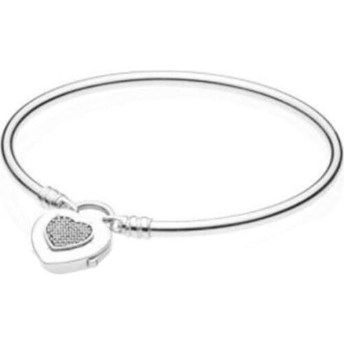 Logo Heart Padlock Clasp Bangle Bracelet 100% 925 Sterling Silver Logo Heart Bracelet Fit European Original Charms Diy Jewelry