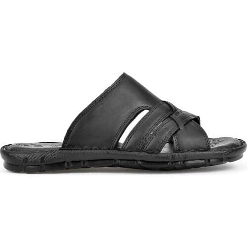 Mens Genuine Leather Slippers, Black, Comfortable, Soft, Full Mold, Pillar, Comprehend quality-Solid-Long Time Standing Kalanlara, Home and Outside