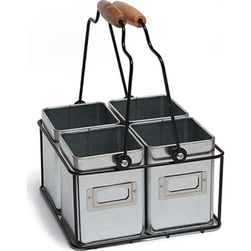 Multiple Usage Wood Handle Handmade Wire Basket Caddy With 4 Galvanized Zin boxes Kitchen Racks Desktop Tableware Storage Basket