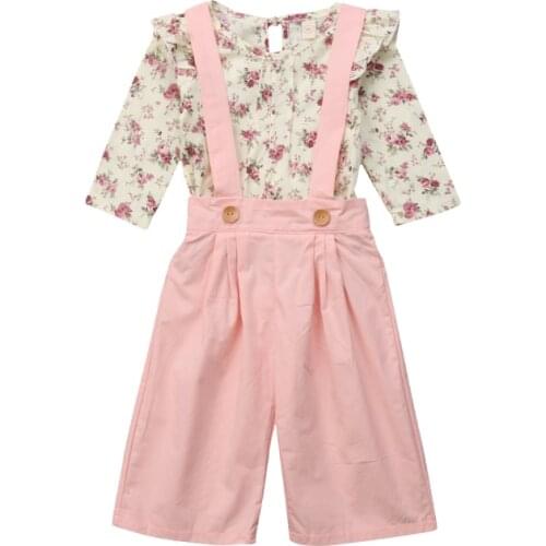 Autumn Toddler Kid Baby Girl Clothes Set Princess Long Sleeve Floral Top Bib Strap Suspender Overalls Pants Panties 2Pcs Outfit
