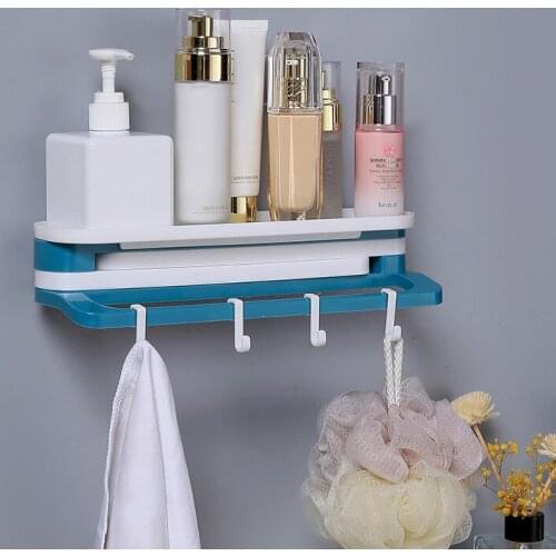Self-adhesive Towel Holder Rack Punch-free Bathroom Shampoo Sundries Storage Racks With Hooks Home Kitchen Refrigerator Shelf