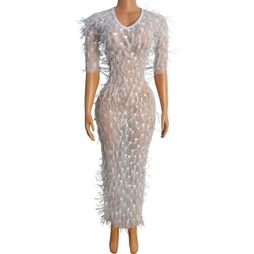 Sexy White Feather Rhinestones Transparent Sexy Dress Birthday Celebrate Bling Shining Outfit Dancer Performance Costume