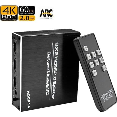 4K HDMI Splitter 60Hz Ultra HD 3X2 Matrix Switcher Switch R/L+ARC 3 Ports Inputs 2 Port Outputs with IR Remote HDCP1.4