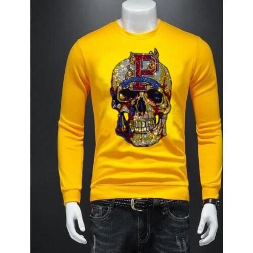Rhinestones europe design Skull hoodies Men Fashion Streetwear O Neck Short Sleeve Slim hot sale Cotton Sweatshirt Plus Size 4XL