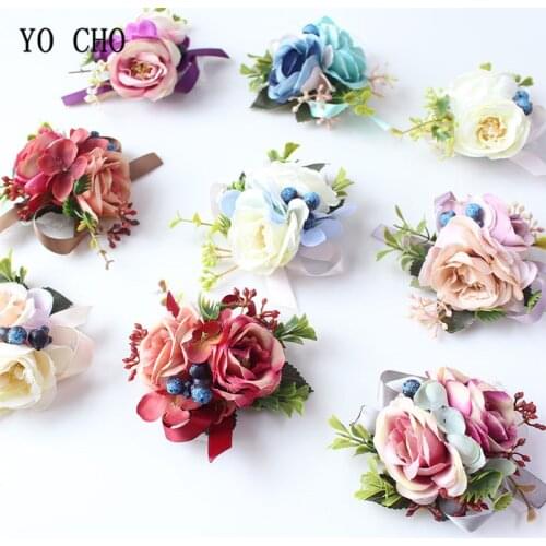 YO CHO Silk Roses Wrist Corsage Bracelets Bridesmaid White Pink Hand Flowers Wedding Boutonnieres Corsages Marriage Prom Flowers