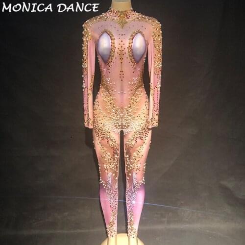 Womens Nightclub Stage Diamond DJ Outfit Glisten Rhinestones Big Pearls Jumpsuit Evening Dance DJ Show Female Singer Bodysuit