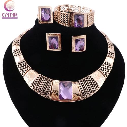 Purple crystal Gold color jewelry sets with Bracelet earrings 2017 boho Women geometric statement necklace for wedding necklace
