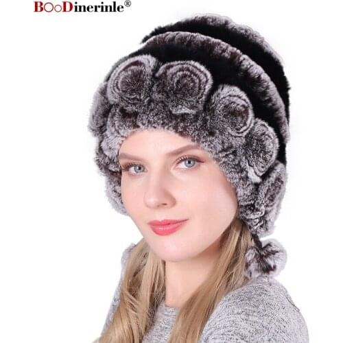 Winter Womens Hat Pompon Beanie Warm Thick Rabbit Fur Hat With Ear Flaps Knitting Cap Weave Winter Hat For Woman BOoDinerinle