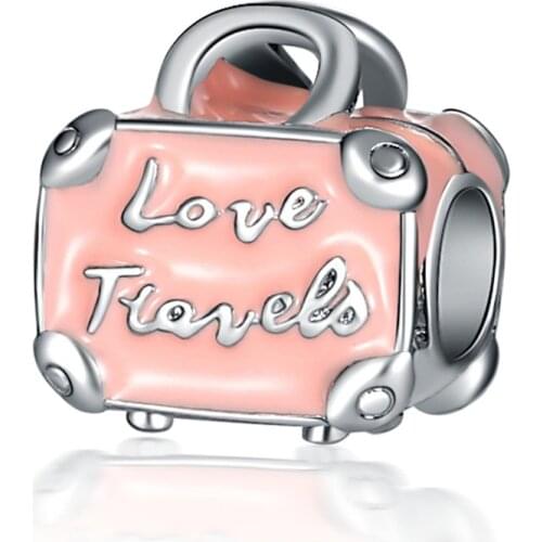 1Pcs New Cute Pink Suitcase Bead Pendant Fit Original Pandora Charm Bracelet Women Jewelry Making Gifts