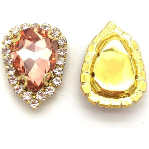 10Pcs/Bag Water Red AAA+ Glass Teardrop Flatback Crystal Button, Gold Bottom Sew On Rhinestones For DIY Clothing New Arrival