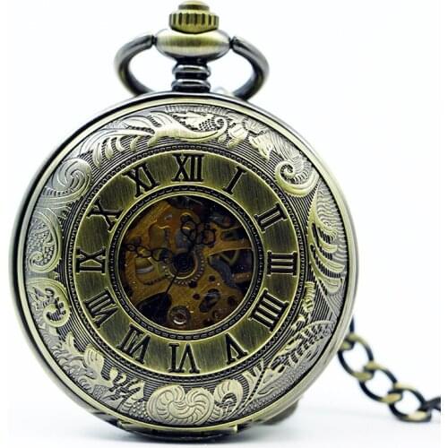 5Pcs/lot High Quality Vintage Skeleton Mechanical Pocket Watch Luminous Hand-Winding Fob Chain Watch PJX1205
