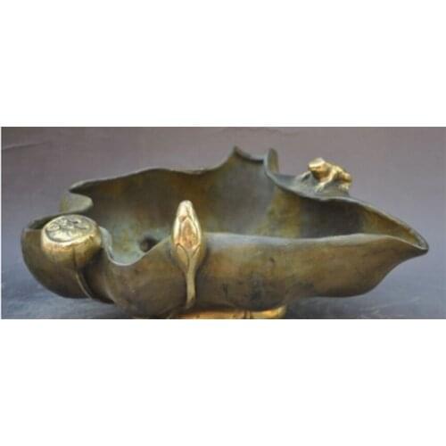 8"chinese fengshui bronze gilt lotus Frog statue Ashtray incense burner Censer