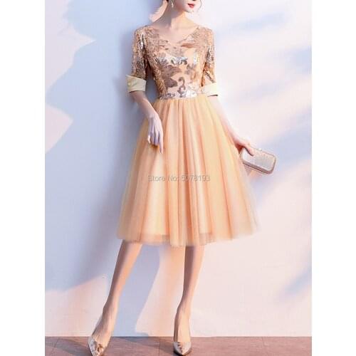 8133Golden V-neck half-sleeve natural straight knee-length lace&tulle homecoming dresses/Party gowns new fashion free shipping