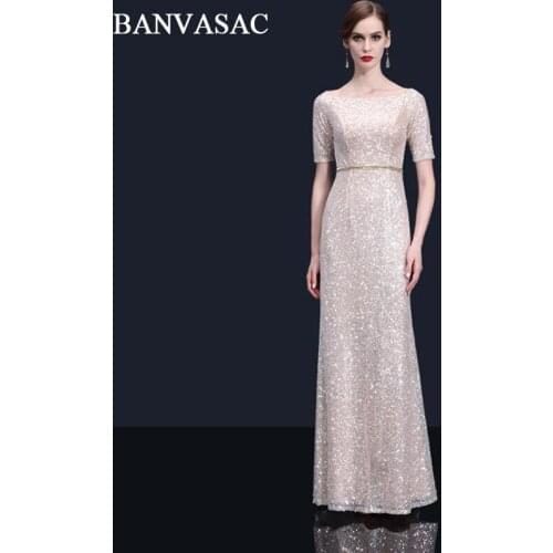 BANVASAC Elegant Boat Neck Sequined Mermaid Long Evening Dresses Party Short Sleeve Metal Sash Tulle Prom Gowns