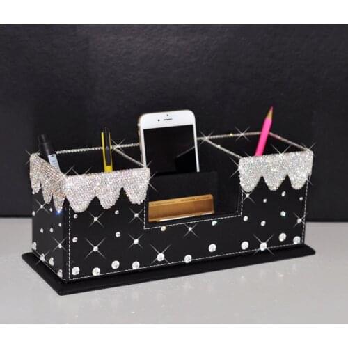 Business Card Case Pen Holder Leather Crystal Rhinestone Makeup Brush Tool Pencil Stand Cell Phone Multifunction Office Storage