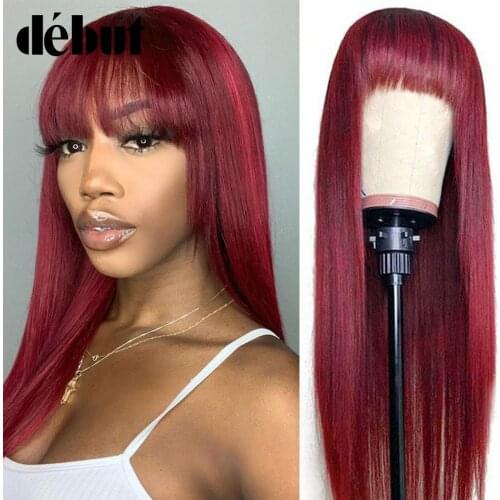Debut Straight Human Hair Wigs With Bangs 99J Red Color Brazilian 100% Remy Human Hair Wigs Hair 28'' Cheap Full Wigs Free Ship