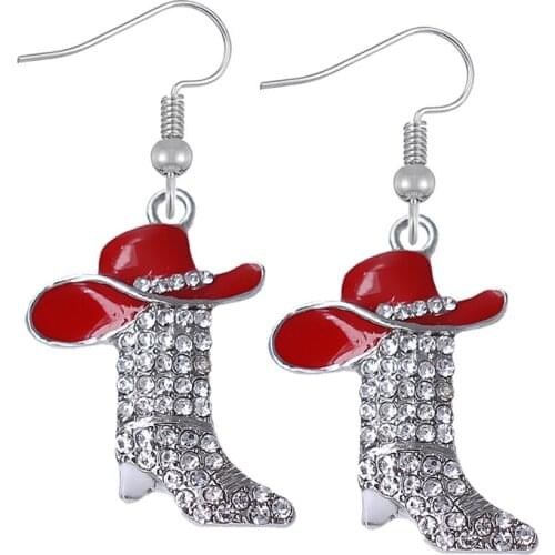 Beautifully enamel cowboy boots Hat pendant earrings Womens exaggerated crystal inlay metal eardrop