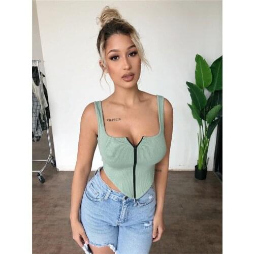 Multicolor Women Fashion Slim Fit Zipper Tank Ladies Sexy Sleeveless Square Collar Solid Color Crop Tops All-Match Summer