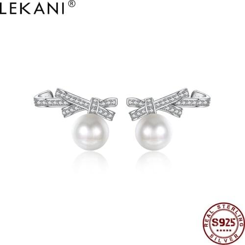 LEKANI Pearl Earrings For Women 925 Sterling Silver Bowknot Stud Earrings 5A+ Cubic Zirconia Elegant Female Fine Jewelry Best