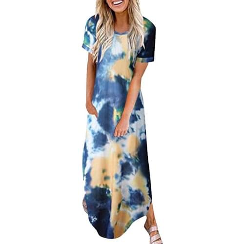 Summer Women Maxi Dress Casual Printed Split Women Sundress Short Sleeve Round Neck Plus Size Women Dresses Robe Femme