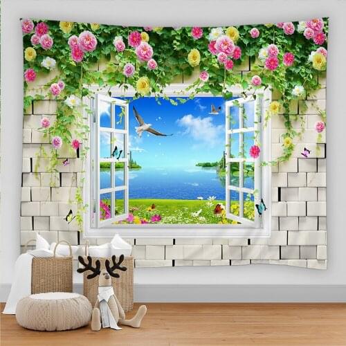 Scenery Outside the Window Tapestry Wall Hanging Sandy Beach Picnic Rug Camping landscape Tapestries Pad Home Decor Wall Cloth