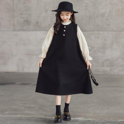 Girls Midi Dress Teen Kids Balc Dress Children Sleeveless Dress 2021 New Autumn Baby Clothing Can Matched Cotton Shirt,#6501