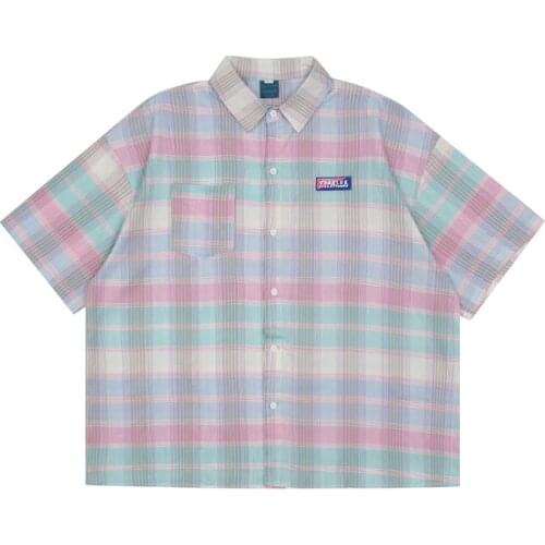 Japan Preppy Style Plaid Short Sleeve Shirt With Pocket Men Summer Casual Hawaiian Oversized Shirts Korean Clothes For Teens