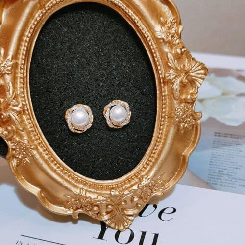 New Fashion Wedding Pearl Jewelry Gifts Geometric Zircon Stone Stud Earring Statement Round Simulated Pearl Stud Earrings