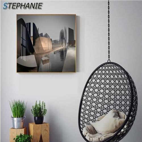 Modern Architecture Canvas Painting HD Golden Black Poster and Print Abstract Bright Wall Art Picture for Living Room Corridor