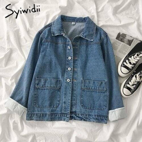 Syiwidii Jean Jacket for Women 2021 Fall Single Breasted Long Sleeve Korean Coats Casual Turn-down Collar Loose Denim Jackets