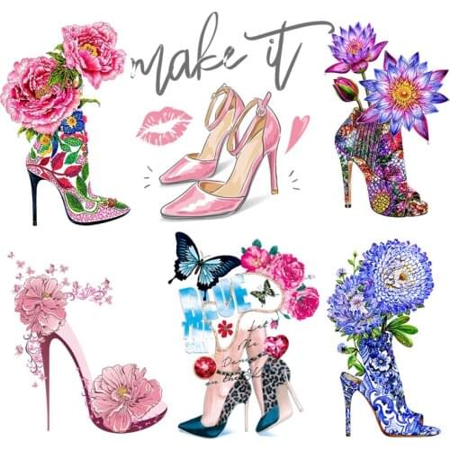 Thermal Transfers High Heel Flower Heat Transfer Fashion Thermo Sticker On Clothes Iron On Transfer For Clothes Ironing Stickers