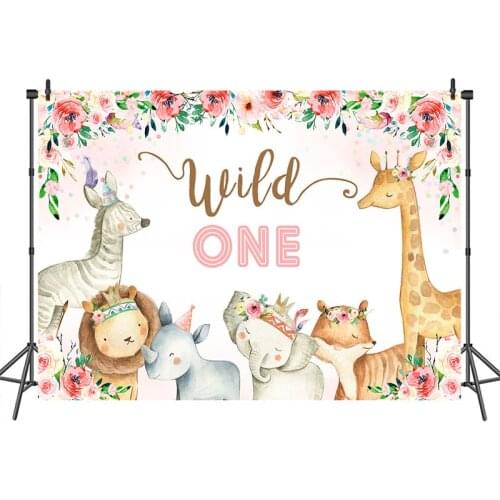 Vinyl Wild One Backdrop for Photography Flower Safari Animals Birthday Photo booth Studio 1st Birthday Party Background