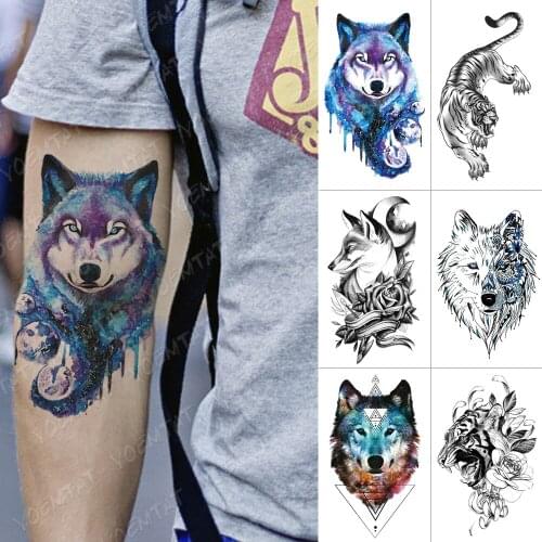 Waterproof Temporary Tattoo Sticker Fox Wolf Tiger Lion Flash Tattoos Moon Planet Body Art Arm Water Transfer Fake Tatoo Men