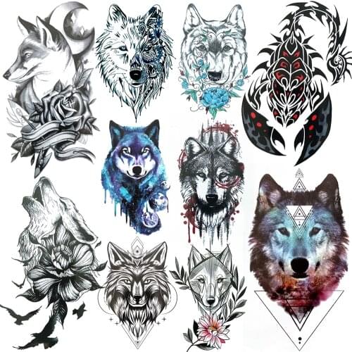 Face Coyote Scorpion Temporary Tattoo For Men Women Kids Black Wolf Monster Tatoo Sticker Flower Forest Water Transfer Tattoo