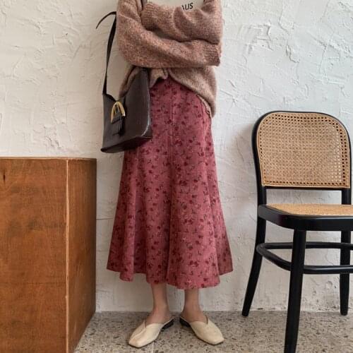 Alien Kitty Vintage Floral Corduroy Fishtail Skirt Women High Waist Skirts Womens Spring Autumn 2020 New Elegant Female Bottoms