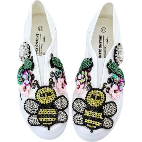 Bling Bee Rhinestones Women Canvas White Sneakers 2021 Floral Sequins Casual Flats Half Shoes Ladies Trainers Girls School Shoes