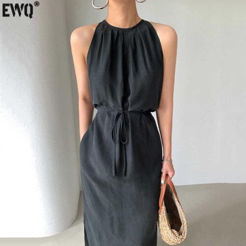 [EWQ] Korea Chic Casual Trend Women New O Neck Strapless Lace-up Fashion Simple Slit Sleeveless Sling Dress Summer 2021 16E1910