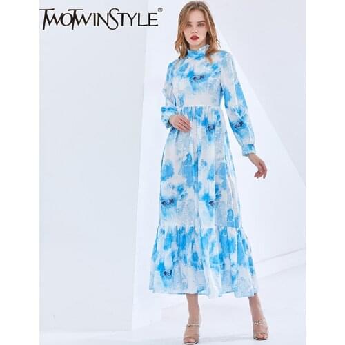 TWOTWINSTYLE Print Tie Dye Dress For Women Stand Collar Long Sleeve High Waist Hit Color Elegant Midi Spring Dresses Female 2021