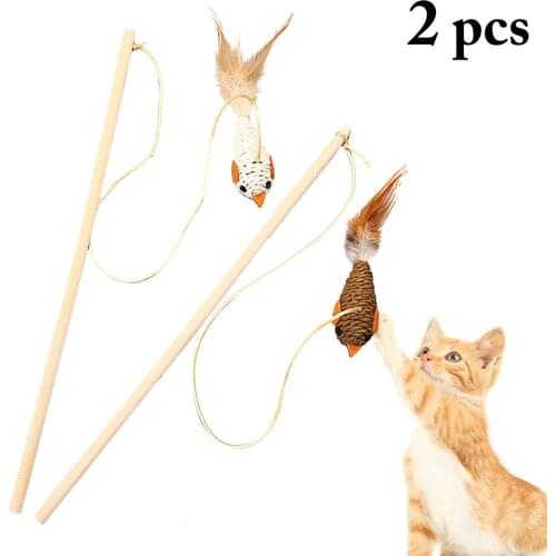 2pcs Pet Cat Teaser Toys Feather Linen Wand Cat Catcher Teaser Stick Cat Interactive Toys Wood Rod Mouse Bird Toy