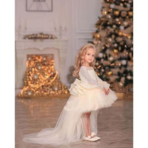 2020 Fashion Champagne O Neck Sequin Lace Long Sleeve Short Front Long Back High Low Flower Girl Dresses