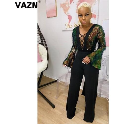 VAZN 2020 Sexy Stretch V-neck Tassel Black Rompers Womens Jumpsuit Sexy Full Sleeve Shinny Workout Sporty Jumpsuits