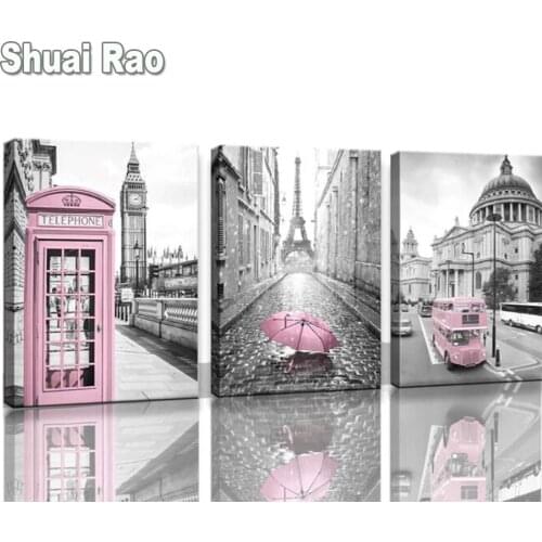 3 Piece Pink Theme Bus and Umbrella City Diamond embroidery Diamond Painting Mosaic Triptych 5d Picture Landscape Art