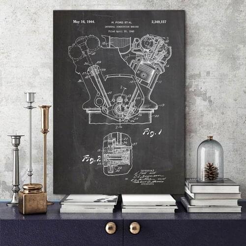Abstract Canvas Painting Vintage Engine Print Painting Motor Patent Art Poster Blueprint Car Parts Pictures Engine Wall Decor